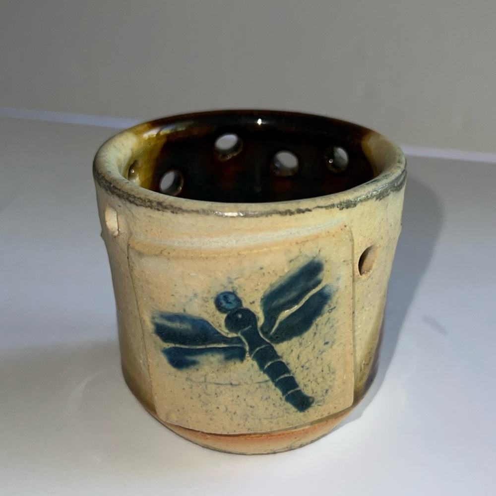 Studio Art Pottery Handmade Tea Light Holder Blue Dragonfly Design Brown 2.5” H